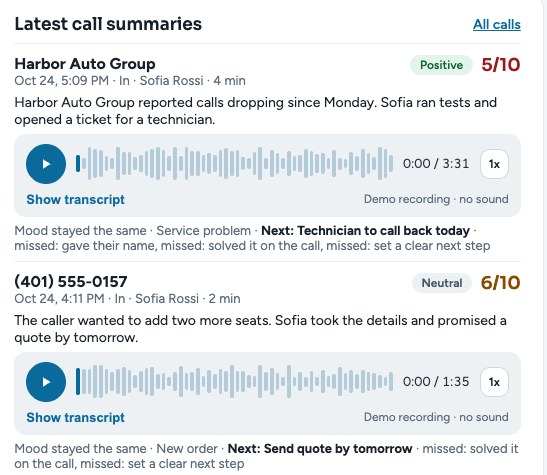 AI call summaries with recording player